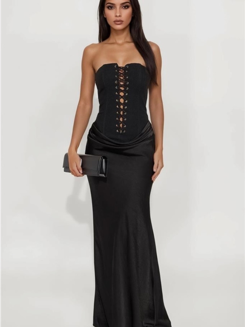 Fashion Nova Black Strapless Lace-Up Corset Gown